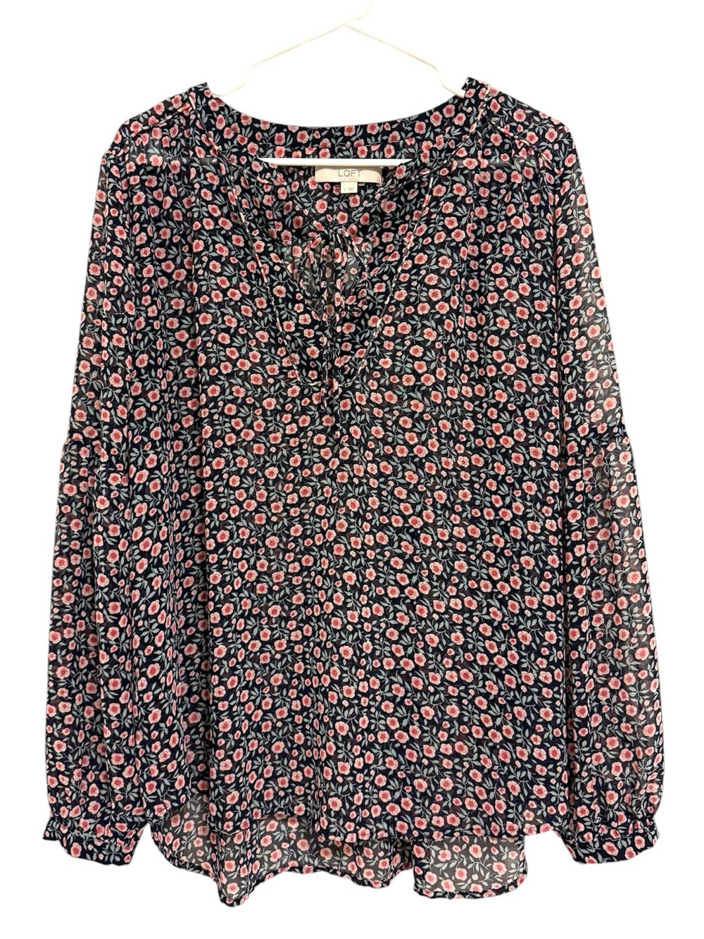 2/$30 LOFT Navy Pink Floral Tie Neck Long Sleeve Blouse Size L